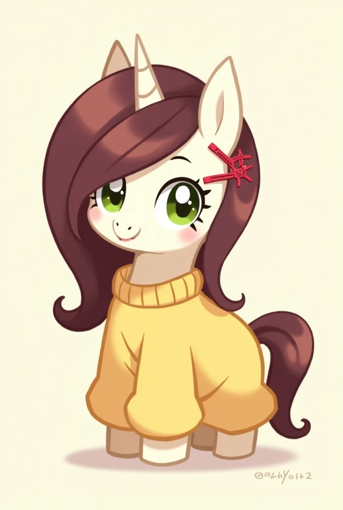 Create My Little Pony: Friendship is Magic Oc that's a short and stout unicorn with a stubby short horn hidden away in her long brown mane to, which covers her left eye and shoulder with a single Mulberry highlight. She sported two red hair clips fastened to her mane near her muzzle. Her somewhat short tail also had two Mulberry highlight. She was dressed in a loose yellow sweater dress. Her coat was a albescent white, and her eyes were an olive green.