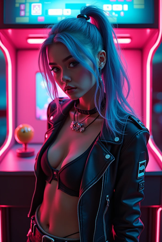 A cyberpunk girl with 80s style neon hair, retro video game aesthetic, nostalgic arcade cabinet, bright neon colors, dynamic pose, highly detailed, photorealistic, 8k, HDR, cinematic lighting, vibrant