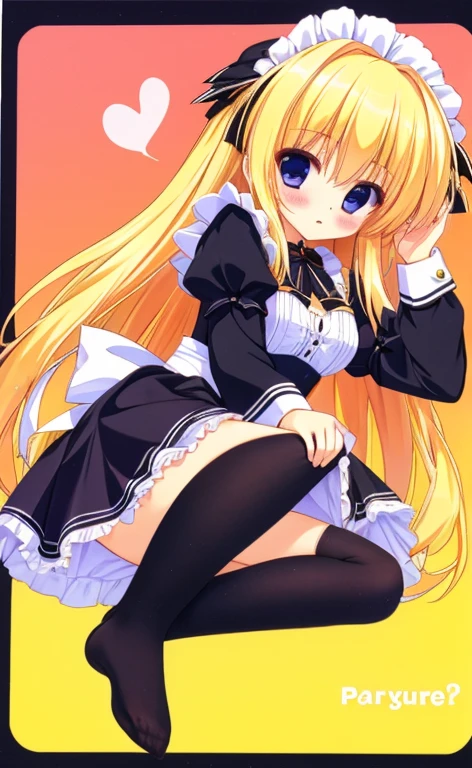 Beautiful long blonde Embarrassing Girl in black maid outfit Long sleeve Skirt lifted No underwear Stand with your legs apart full body