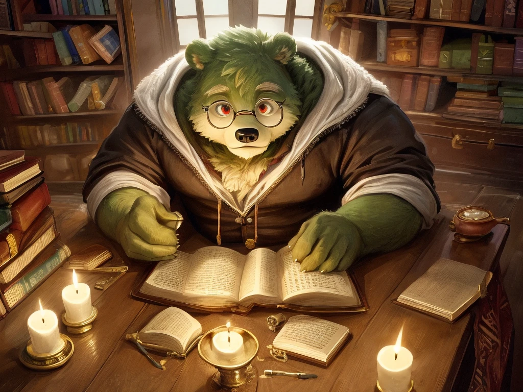 a green bear wearing black t-shirt and long white coat, reading books in a library, many stacks of books near him, sitting on mountain of books, white hood trench coat, high angle, from above, (second floor of the library), candle light, glasses, thinking, mature bear, furry, anthro, green fur, red eyes, "Photorealistic painting, ((captivating)) scene of a man absorbed in reading, antique books, cozy hobbit cave, intricate clock with moving gears, ((nostalgic)), detailed, warm palette