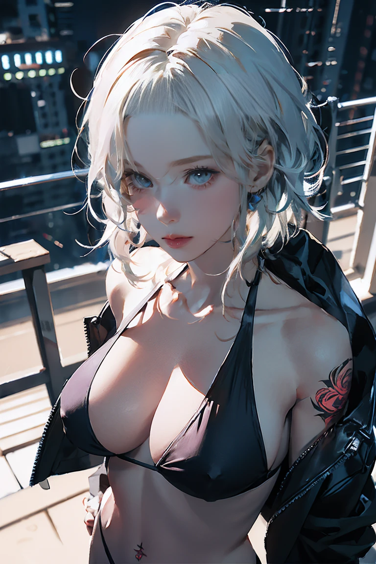 Large Breasts,(masterpiece, Highest quality:1.2), Big Breasts 1 person, alone, Close-up of a woman in a bikini and jacket posing leaning against a railing, cyber punk, cyber punkオッパイ, cyber punkアニメアート, NSFW, ((Woman with tattoo on chest)), Erect nipples, ((Short white hair with bangs, Black strands of hair)), Purple eyes,. 超High resolution.Realistic. 超High resolution.Realistic:1.4,超High resolution. Realistic，High resolutionで, masterpiece, Highest quality, Very detailed, Better Shadows, Volumetric lighting), super high quality, High resolution, 8k, 超Realisticな肖像画 , Realistic, Dynamic Lighting, Volumetric lighting, Very detailed顔