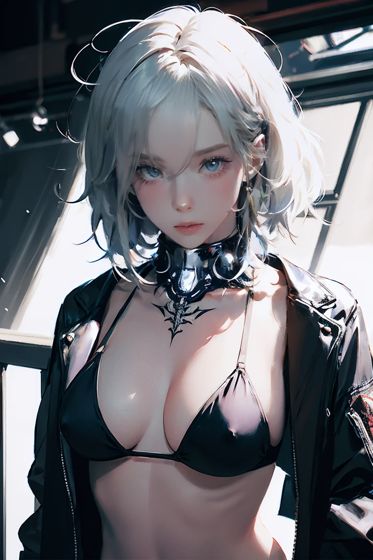 Large Breasts,(masterpiece, Highest quality:1.2), Big Breasts 1 person, alone, Close-up of a woman in a bikini and jacket posing leaning against a railing, cyber punk, cyber punkオッパイ, cyber punkアニメアート, NSFW, ((Woman with tattoo on chest)), Erect nipples, ((Short white hair with bangs, Black strands of hair)), Purple eyes,. 超High resolution.Realistic. 超High resolution.Realistic:1.4,超High resolution. Realistic，High resolutionで, masterpiece, Highest quality, Very detailed, Better Shadows, Volumetric lighting), super high quality, High resolution, 8k, 超Realisticな肖像画 , Realistic, Dynamic Lighting, Volumetric lighting, Very detailed顔