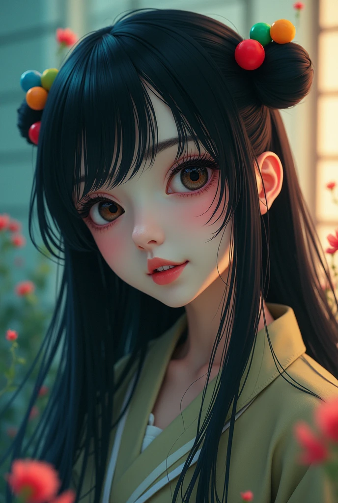 adult woman, black hair, hair bobbles, wince, longeyelashes, solid circle eyes, light smile, ear blush, fang, ccurate, Surrealism, drop shadow, anaglyph, stereogram, tachi-e, pov, atmospheric perspective, 8k, super detail, best quality, 16k, highres, UHD