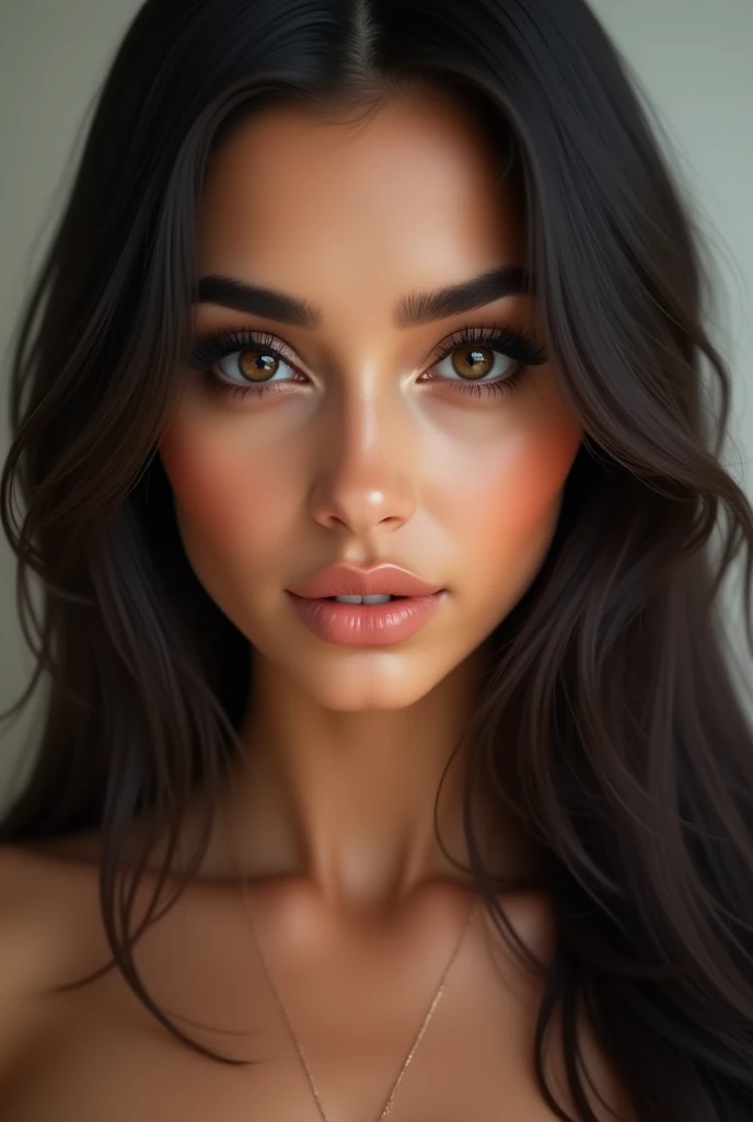 young arabic woman, glamorous gaze, straight dark hair, long eyelashes, small nose, roundish-almond eyes shape, heart face shape, round eyebrows, hyper realistic, photorealistic, close up, studio lightening, tanned skin