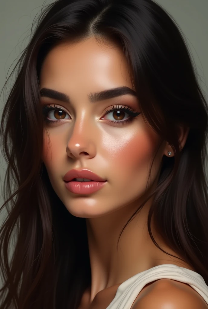 young arabic woman, glamorous gaze, straight dark hair, long eyelashes, small nose, roundish-almond eyes shape, heart face shape, round eyebrows, hyper realistic, photorealistic, close up, studio lightening, tanned skin