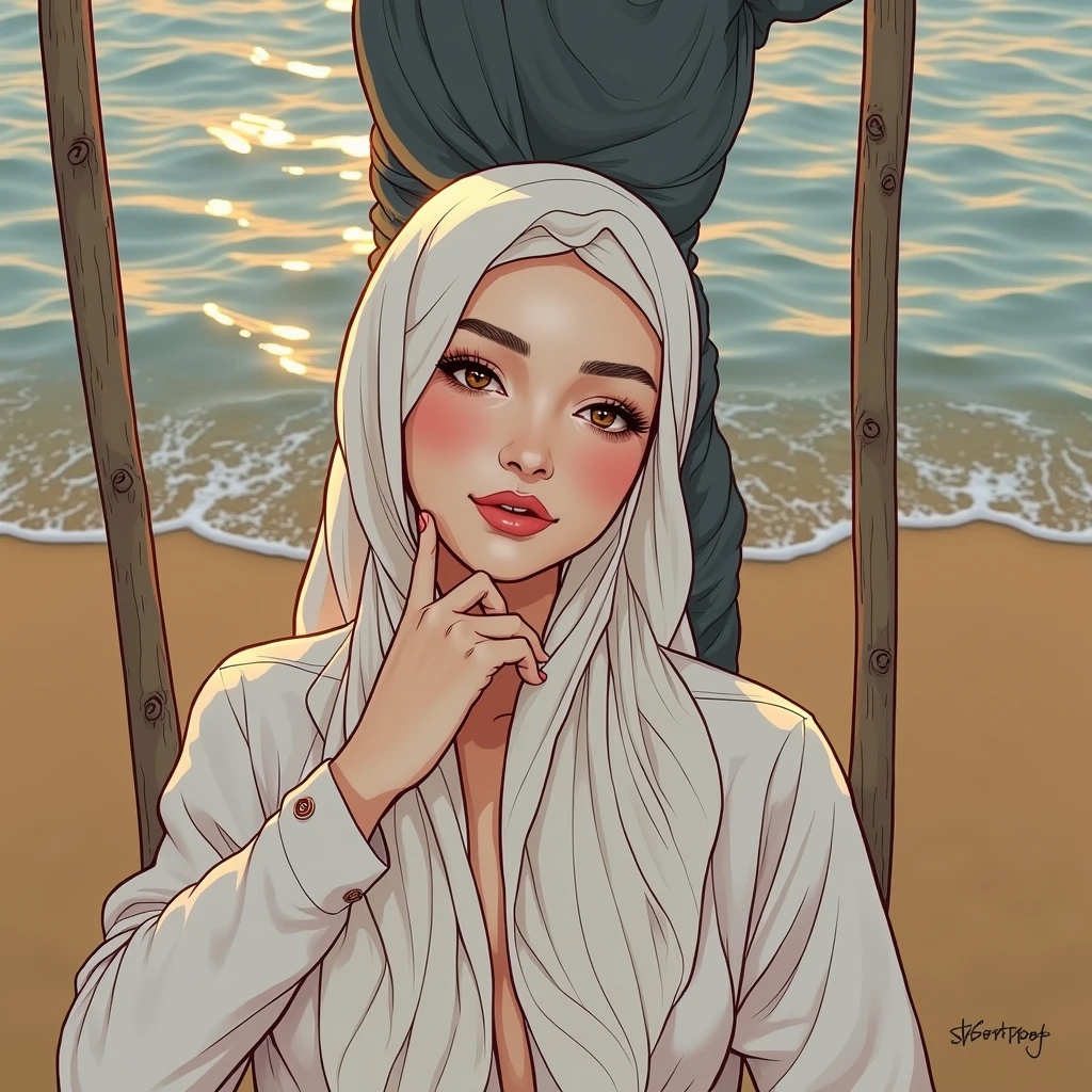 (masterpiece, best quality), 1girl, beautiful face,  partially submerged, on beach,nude,wearing black hijab,muslim girl,Indonesiadoll,medium breast,pink nipple,showing boobs,glowing skin,horny face