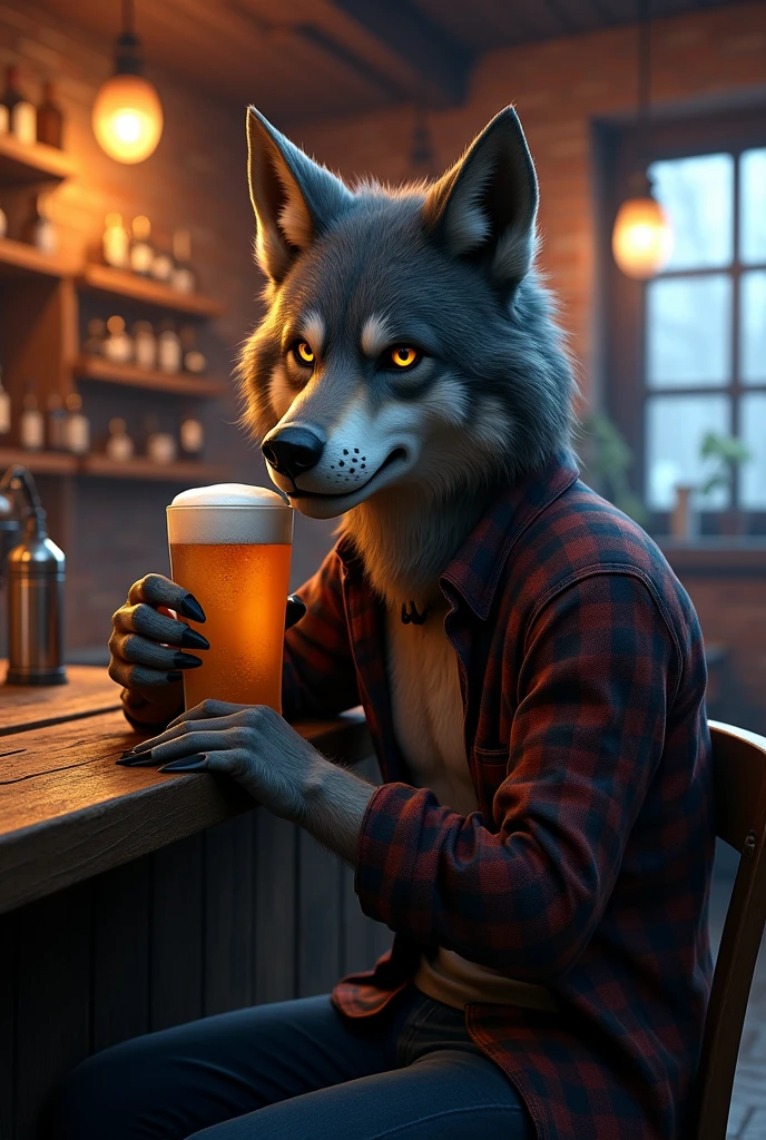 Wolf drinking beer