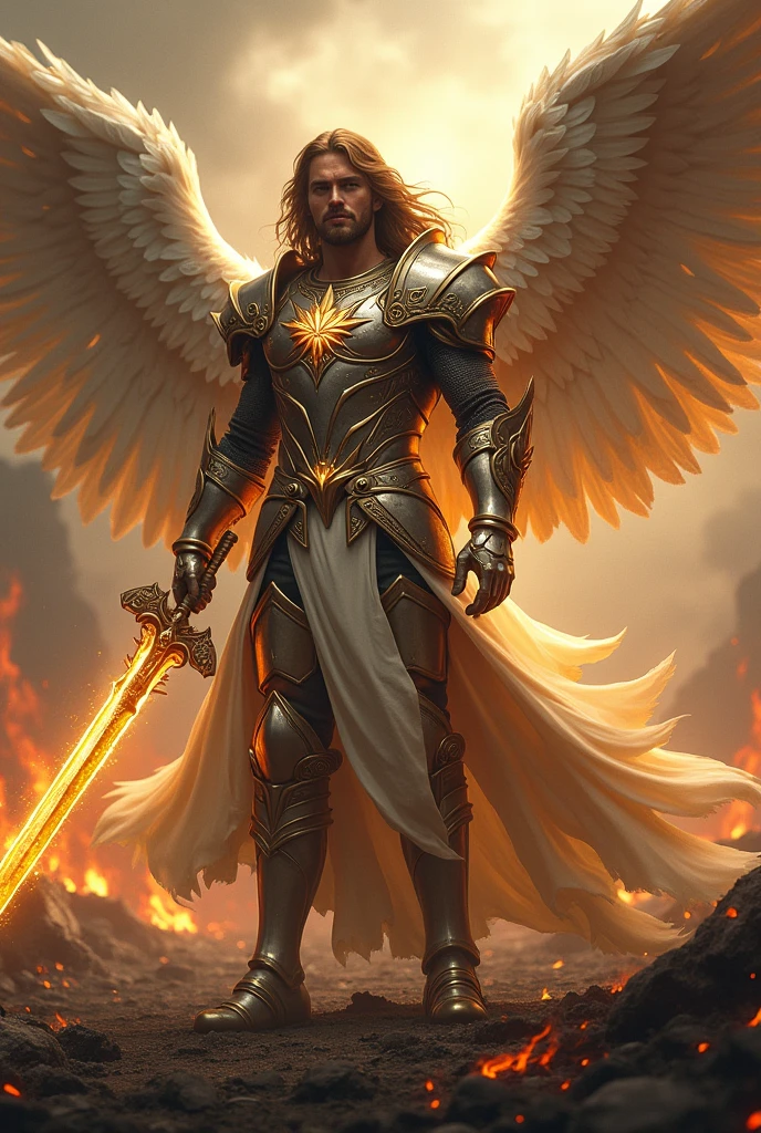 Ash battlefield scenery, hyper realistic, handsome male, Archangel, long brown hair, Detailed angelic knight armor, holding an intricate sword beaming gold energy, mighty, battle ready pose, fierce and confident expression, clean shaven, HD