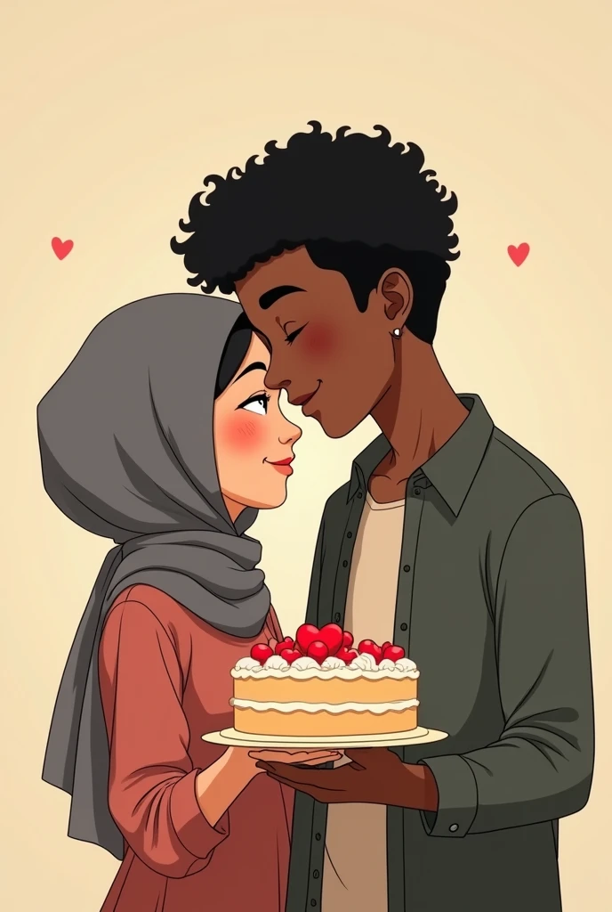 drawing of a cake, with a young couple with a slight smile where the woman is white with straight black hair and the man is black with curly black hair, as if it were a cartoon, the boy can't have a beard and the girl wearing grey hijab, french kissing. the drawing has to be animated but a little realistic, the couple has to be leaning against each other and holding the cake smiling, nothing too childish. the couple has to look like they are . the boy's hair is curly and defined, while the girl has happy facial expressions but not too much, just a slight smile