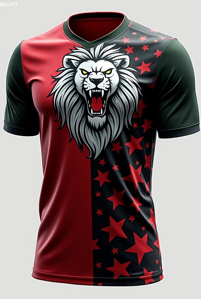 White stars themed national football team jersey using white, red, black and green colours with a lion head print on it