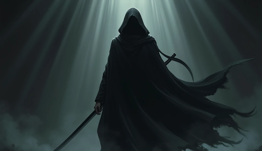 Black cloth Man ready to unsheathe katana in dark anime style 