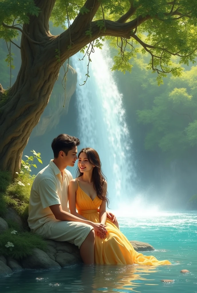 A beautiful girl and a boy sitting near the water falls under a green tree the water is very pure ,

 Boy and girl are wearing yellowish dress or tshirr