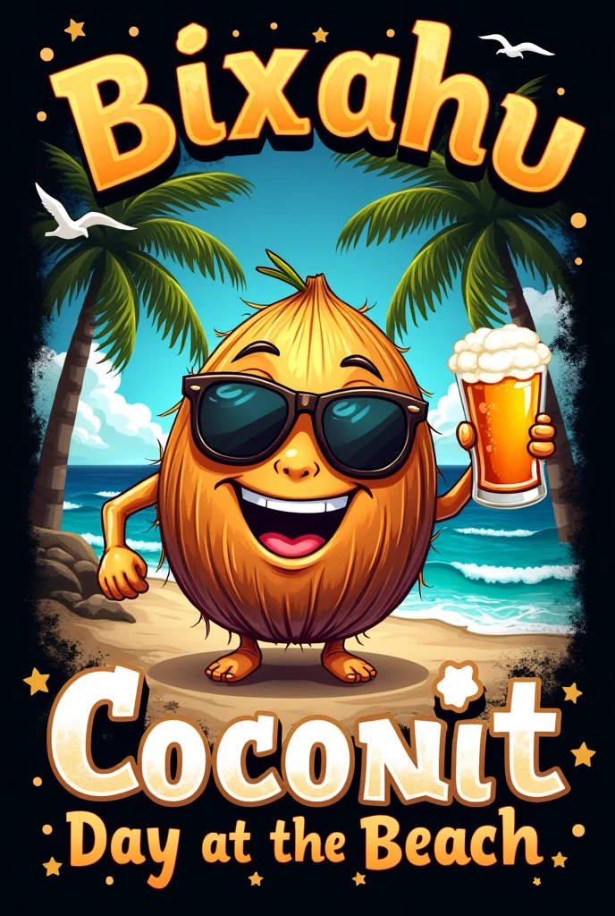 Make a T-shirt print, coconut wearing sunglasses on the beach excited with beer with phrases in the background, with black background