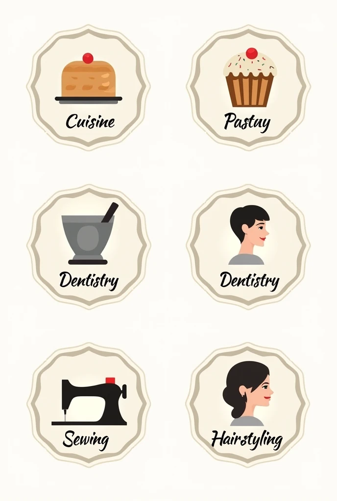 Bonjour, pouvez-vous s'il vous plaît dessiner 6 badges différents pour la cuisine, la pastry, la dentistry, la couture et la coiffure et écrire cuisine, pastry, dentistry, couture et coiffure dans chaque mot