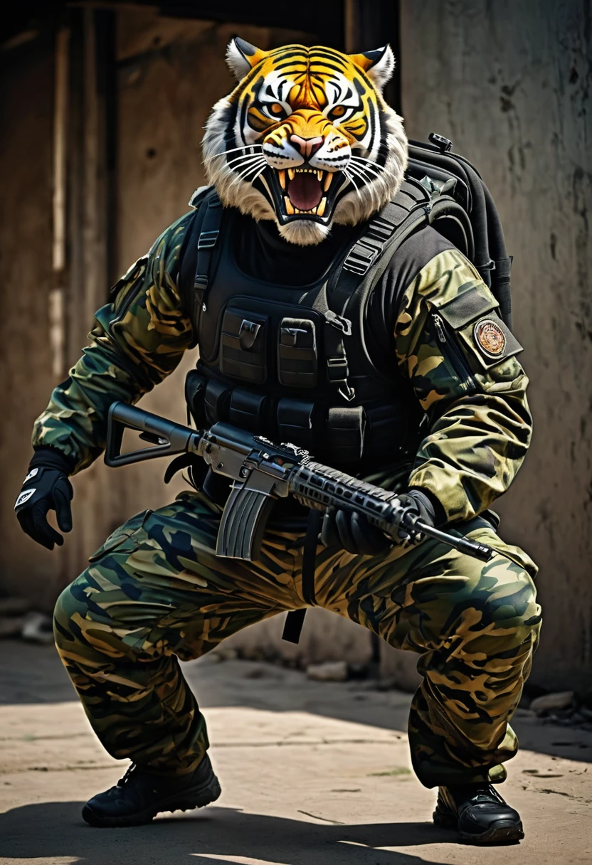 (a dark-skinned fat muscular old man in a bulky army camouflage zipper diver suit), carrying an AK-47, (wearing a small-sized realistic roaring tiger mask), dynamic action pose, fierce expression, roaring, showcasing an imposing stature, surrounded by military elements, dramatic shadows and intense highlights, cinematic color tones, high detail, powerful, art influenced by Bruce Onobrakpeya and Stanley Artgerm, ultra-detailed, best quality image, action-packed atmosphere. angry