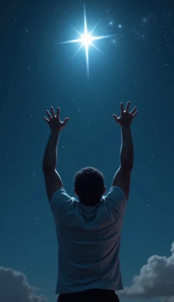 A person standing under a starry sky, reaching out towards a bright star, representing a dream, with focus and dedication in their posture.