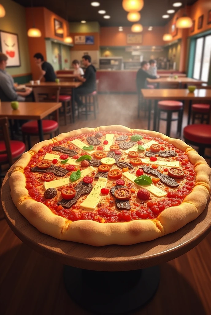 Create a picture pf an big pizza wirh exotic toppings an pizzeria backround