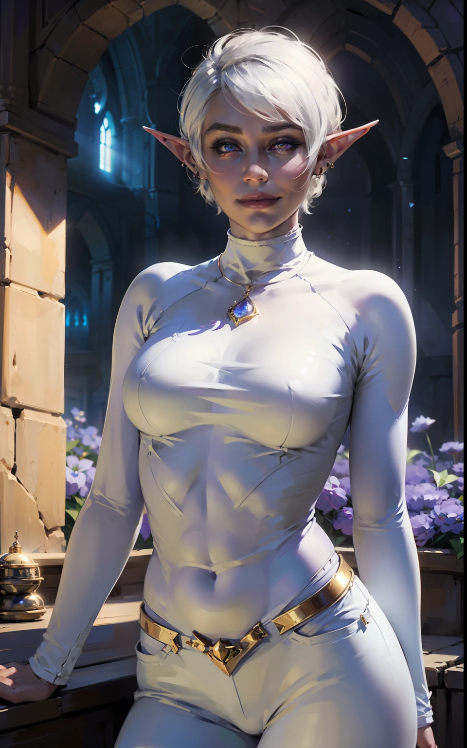 fantasy, elf, woman, short white pixie hair, purple narrow eyes, snide smile, drop earrings in her ears, dark skin, in a tight white shirt, black trousers, expressive breasts,, light, day, hd