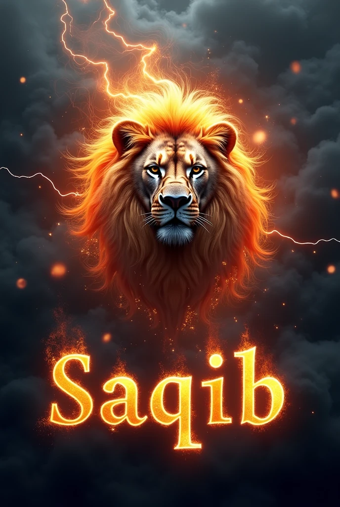 The name "Saqib" with fire, smoke, and lightning stars in different shades of Black and a Lion's head, typography, 3d rendering, photography, architecture, photo, fashion, vibrant, cinematic, 3d render, poster.