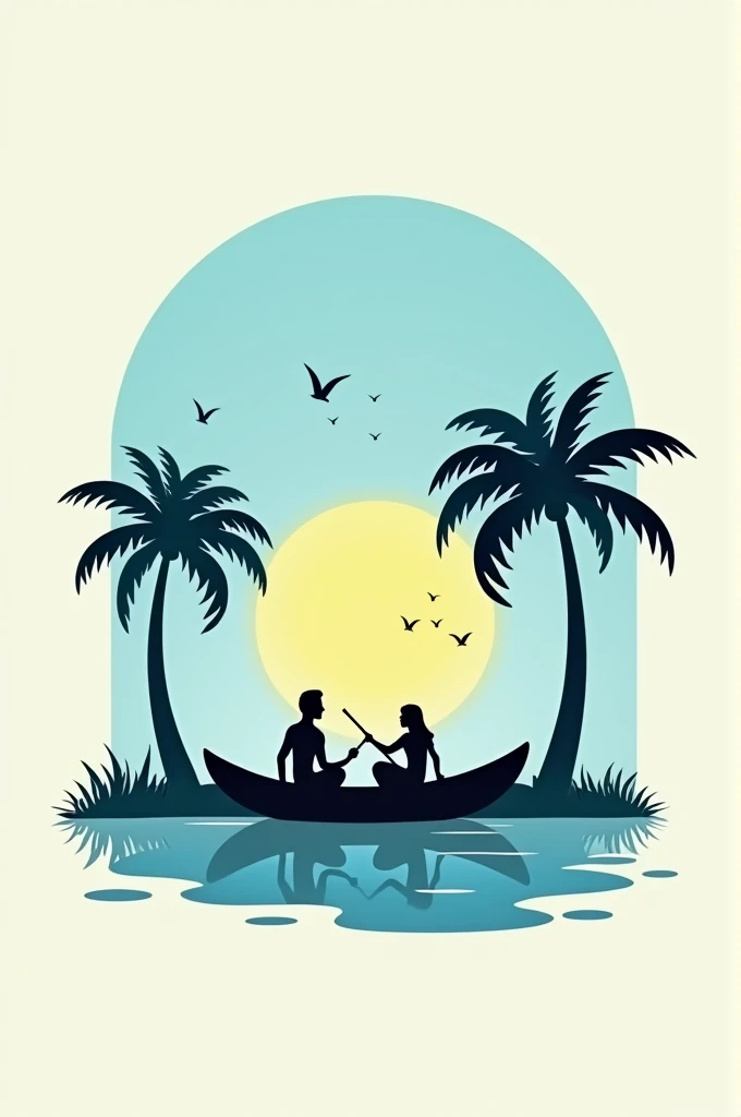 minimalistic logo, in the icon style for social network profile with three buriti palm trees (Mauritia Flexuosa) in the swamp, with the sun showing in the blue sky, with birds flying in the distance in the sky. With an indigenous couple inside the canoe, rowing.