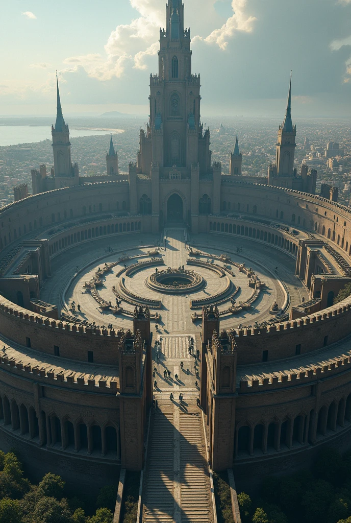 Create a gigantic round city protected by a wall and with a tower in the center