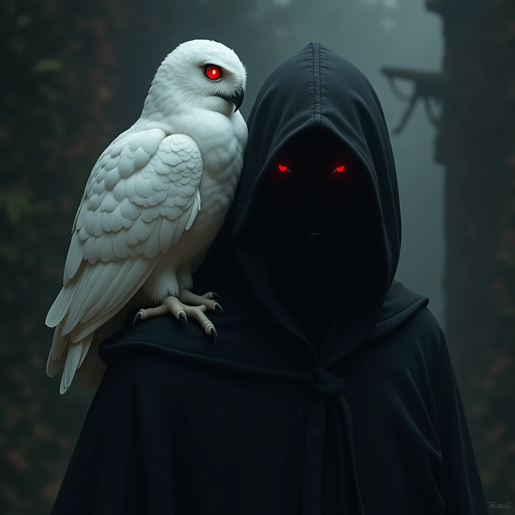 A white owl with red eyes, with a bad face, on the shoulder of a shadow