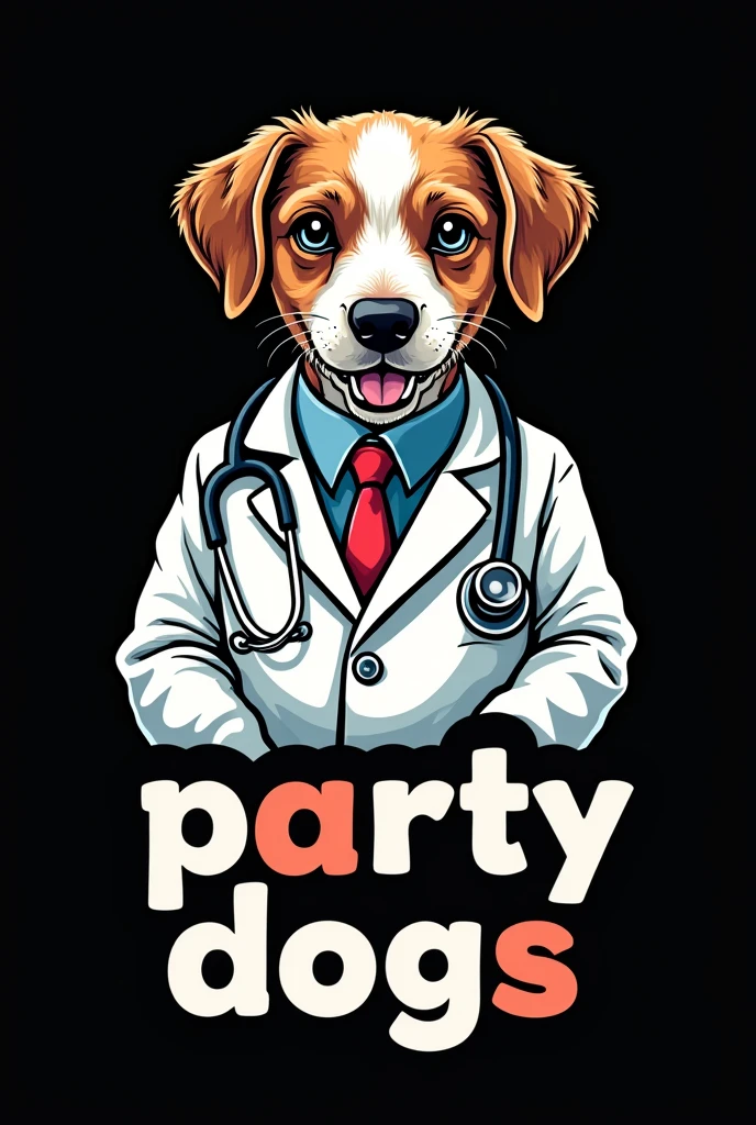 Create an image of a black shirt with a print of a dog dressed as a doctor and that says in letters party dogs 
