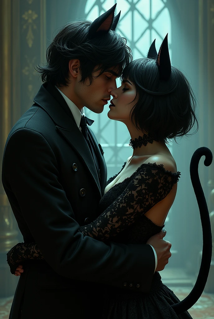 A woman kissing John Constantine ( DC, red hair) ,The woman has short black hair down to her shoulders., with small black cat ears, yellow eyes with cat pupils, BLACK LIPS, busy gothic clothing, has a black cat tail