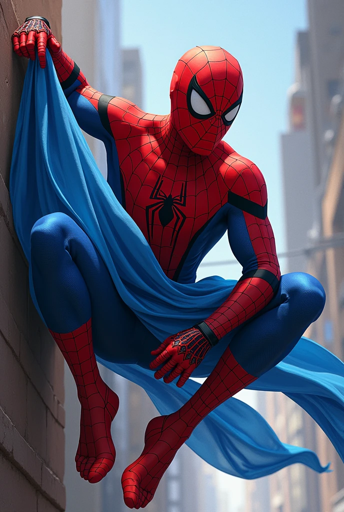 Spiderman holding on both hands mongolian blue khadag