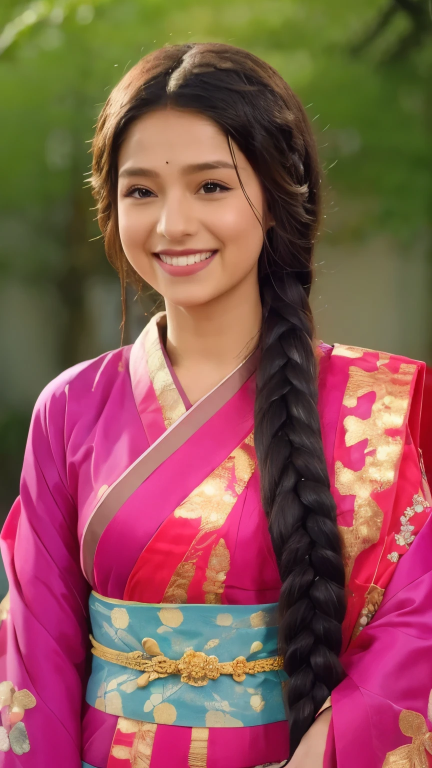 Best Quality, Masterpiece, Mira, Girl solo shot, long braid, smiling, wearing kimono, high res,