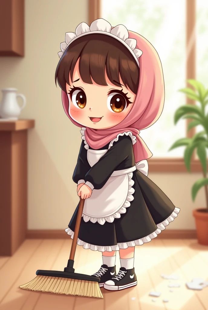 Cartoon with text:
(masterpiece, best quality, 4k, expressive eyes, perfect face, 2d style, flat style, hand drawn), Cute and adorable face, big detailed eyes,, Cute little cartoon girl, with brown hijab on, bangs, maid dress, black skirt, white apron, ((small white socks, ruffle socks)), air force sneakers, cleaning the floor