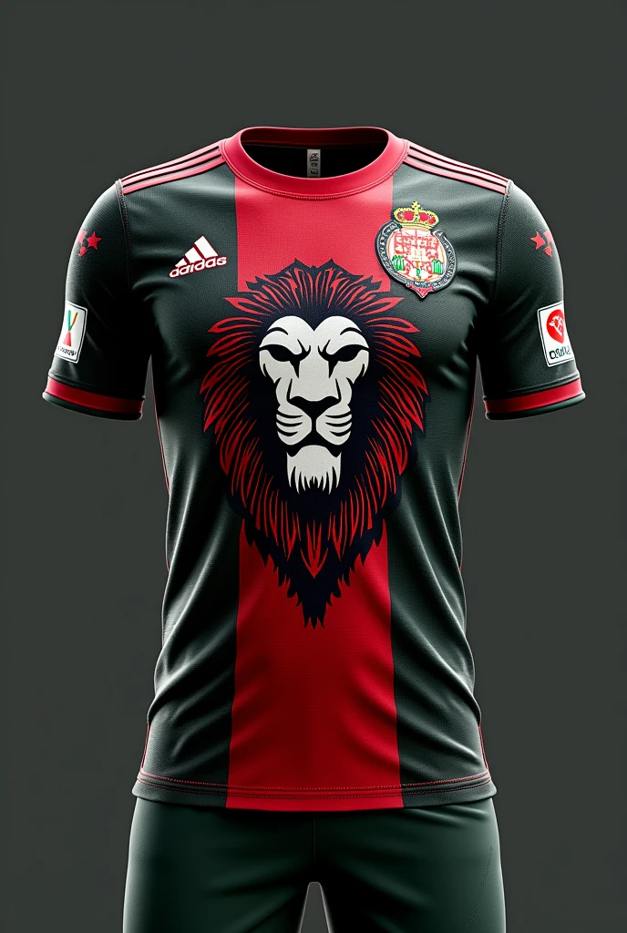 White stars themed national football team jersey using white, red, black and green colours with a lion head print on it