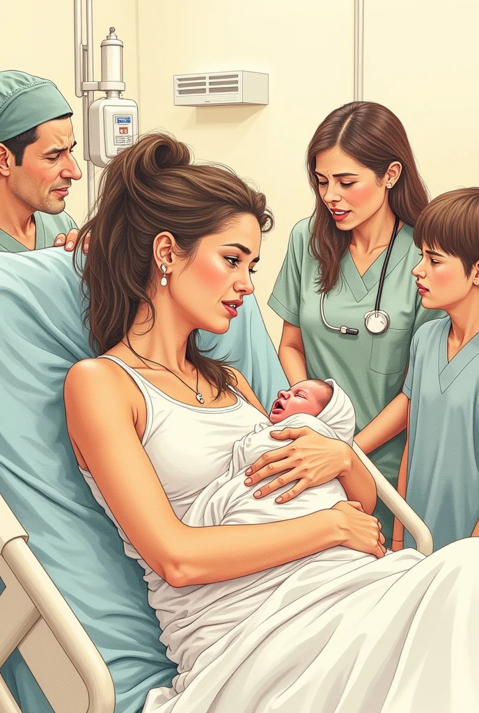 Giving birth in a hospital, hand drawn picture