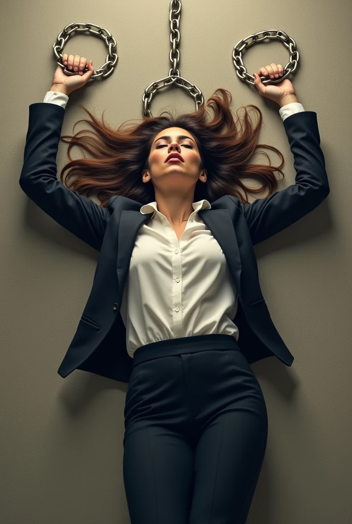 a woman on her back with chains with her hands up, breaking around your wrists book cover How to Break Free from the Shackles of the Past ultra realistic that generates a lot of impact body expression bringing relief and impact, well dressed woman