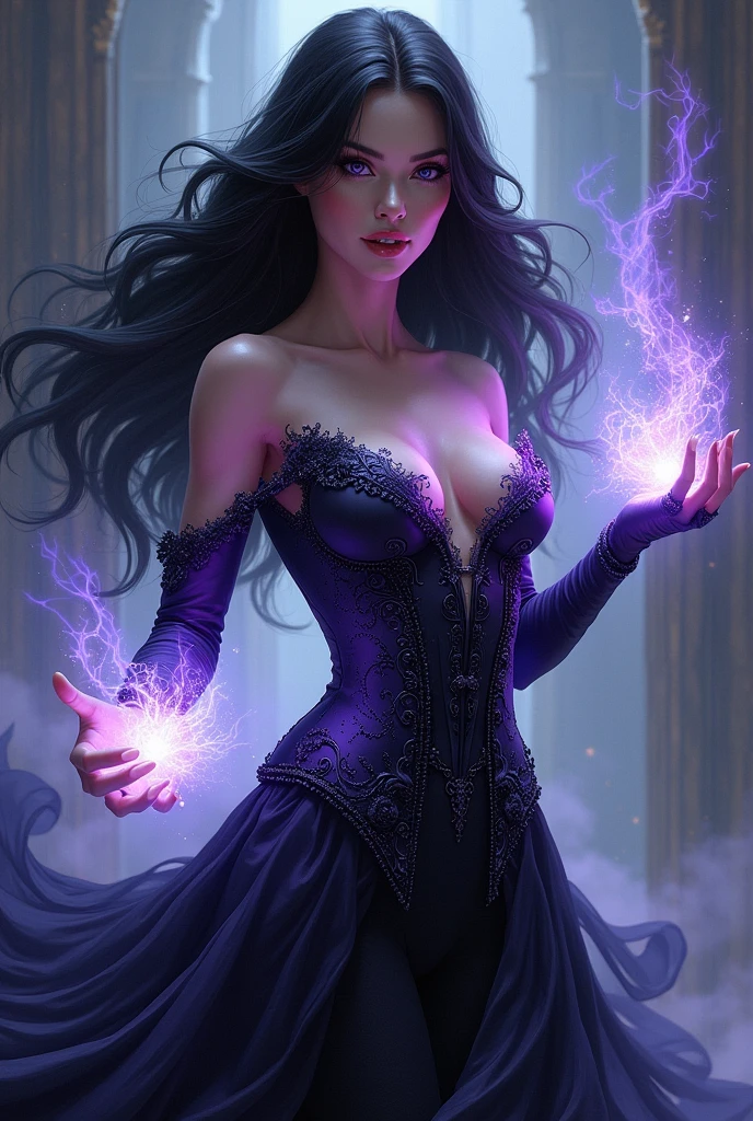 Beautiful female magician approximately 40 years old, Linda, seamless, delicate skin, with purple eyes, black long hair with arcane energy around her body, Wearing a beautiful tight black dress, corcet, made of arcane energy, hyper detailled, artistry