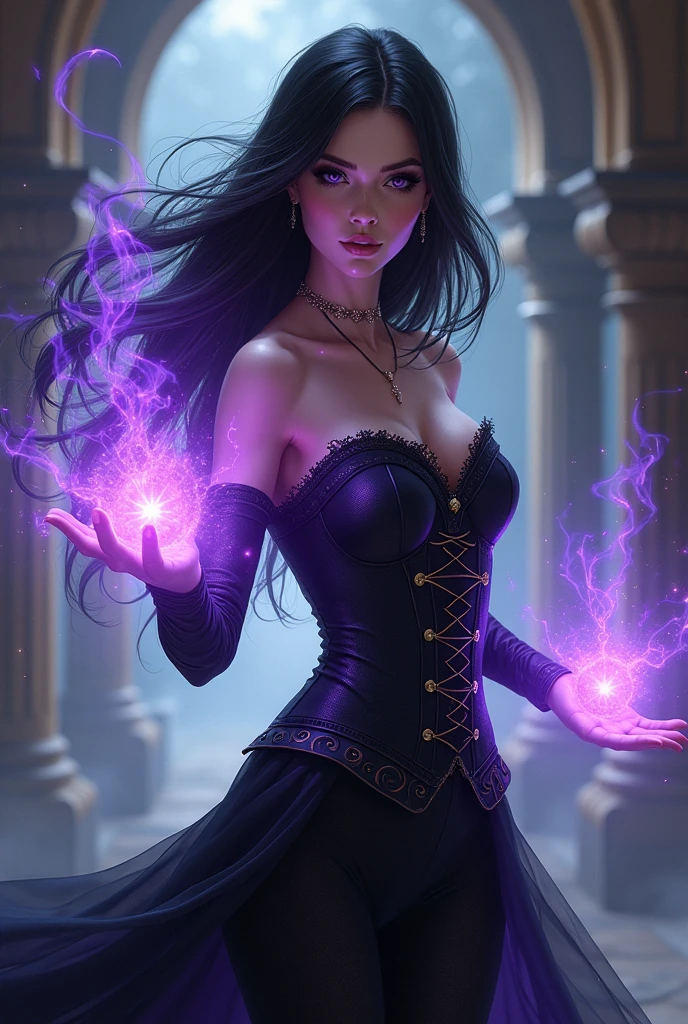 Beautiful female magician approximately 40 years old, Linda, seamless, delicate skin, with purple eyes, black long hair with arcane energy around her body, Wearing a beautiful tight black dress, corcet, made of arcane energy, hyper detailled, artistry