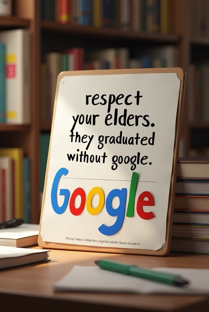 Realistic image of Barsa books and studies in the background and a sign with the following words in Portuguese.
Respect your elders. They graduated without Google. In which the word GOOGLE is in the colors of the respective logo.