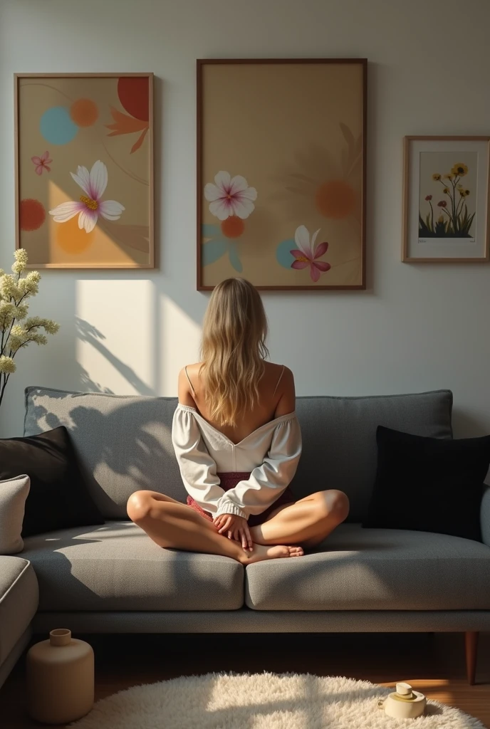 A blonde Brazilian woman from behind, sitting on the sofa drinking tea,on the wall two paintings measuring 60 cm by 80 cm on the wall above the modern gray sofa with black cushion
, small apartment room, well lit and with flowers and carpet