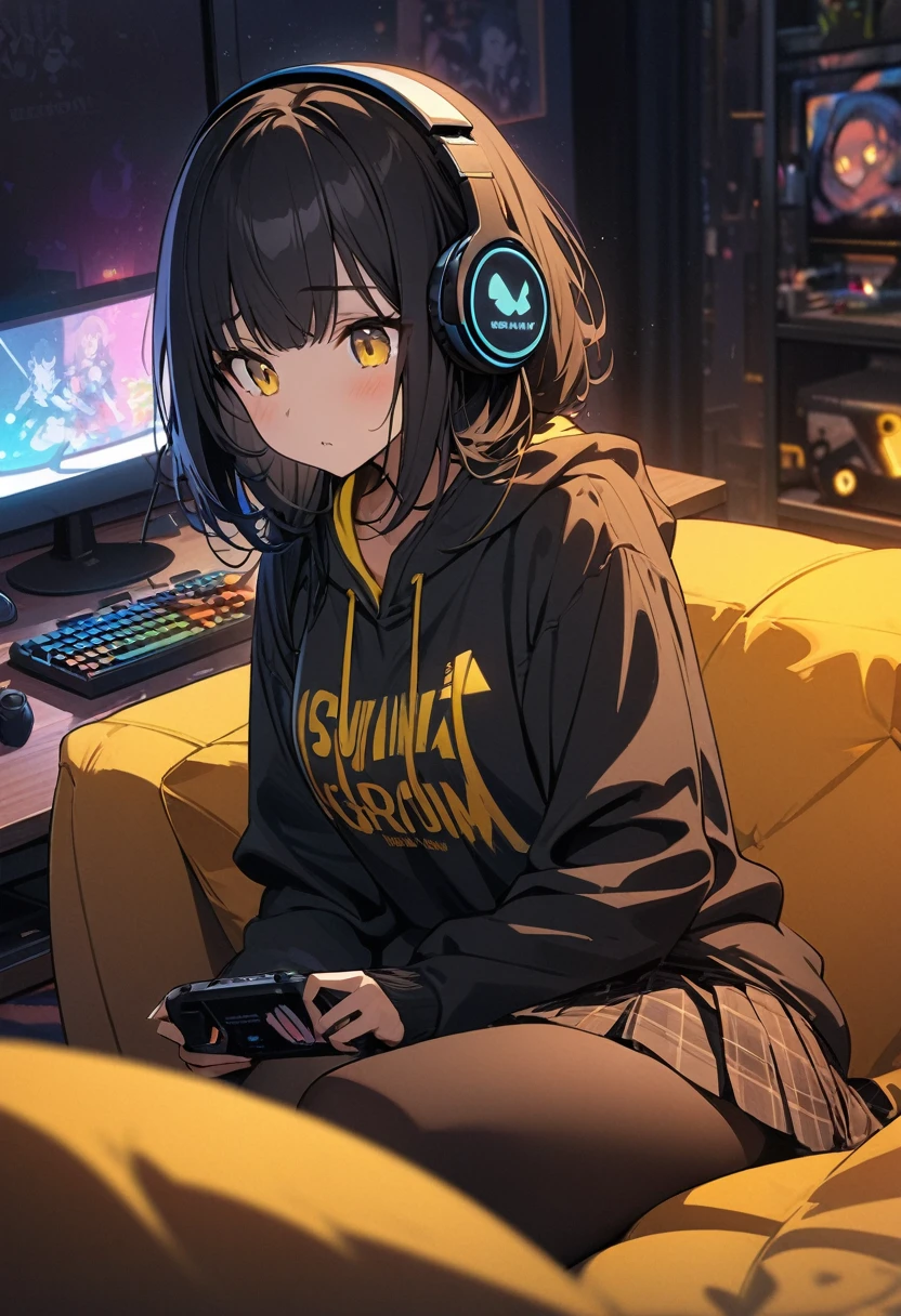 (BEST QUALITY), (MASTERPIECE), illustration, Extremely_detail, 4k wallpaper , midnight, 1 girl, tall girl, yellow street hoodie, black plaid skirt, black tights, black Hair, long bob hair, yellow eyes, cute, beautiful, headphones, sit on the sofa, She is playing computer game, Background of the gaming room