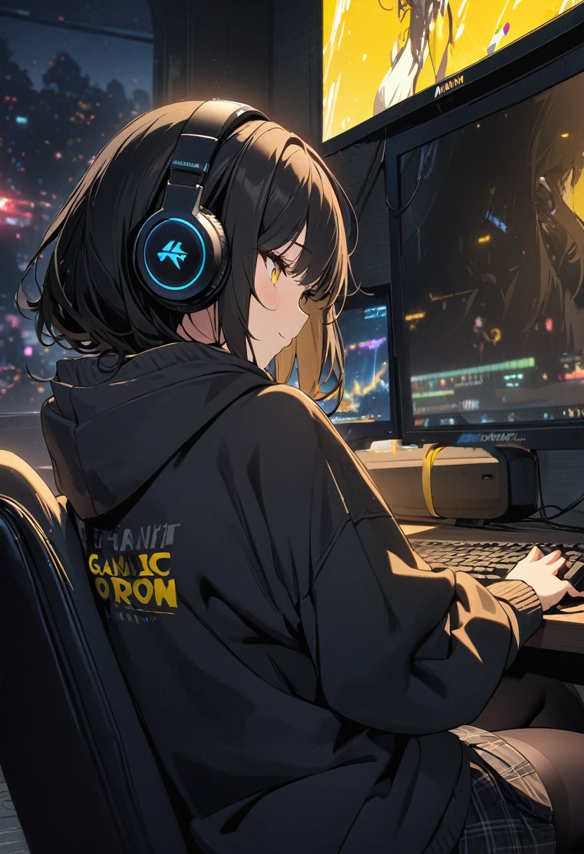 (BEST QUALITY), (MASTERPIECE), illustration, Extremely_detail, 4k wallpaper , midnight, 1 girl, tall girl, yellow street hoodie, black plaid skirt, black tights, black Hair, long bob hair, yellow eyes, cute, beautiful, headphones, sit on the sofa, She is playing computer game, Background of the gaming room