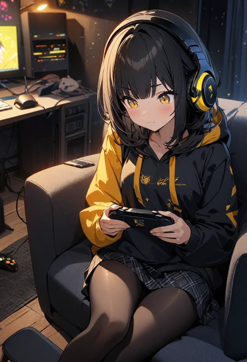 (BEST QUALITY), (MASTERPIECE), illustration, Extremely_detail, 4k wallpaper , midnight, 1 girl, tall girl, yellow street hoodie, black plaid skirt, black tights, black Hair, long bob hair, yellow eyes, cute, beautiful, headphones, sit on the sofa, She is playing computer game, Background of the gaming room