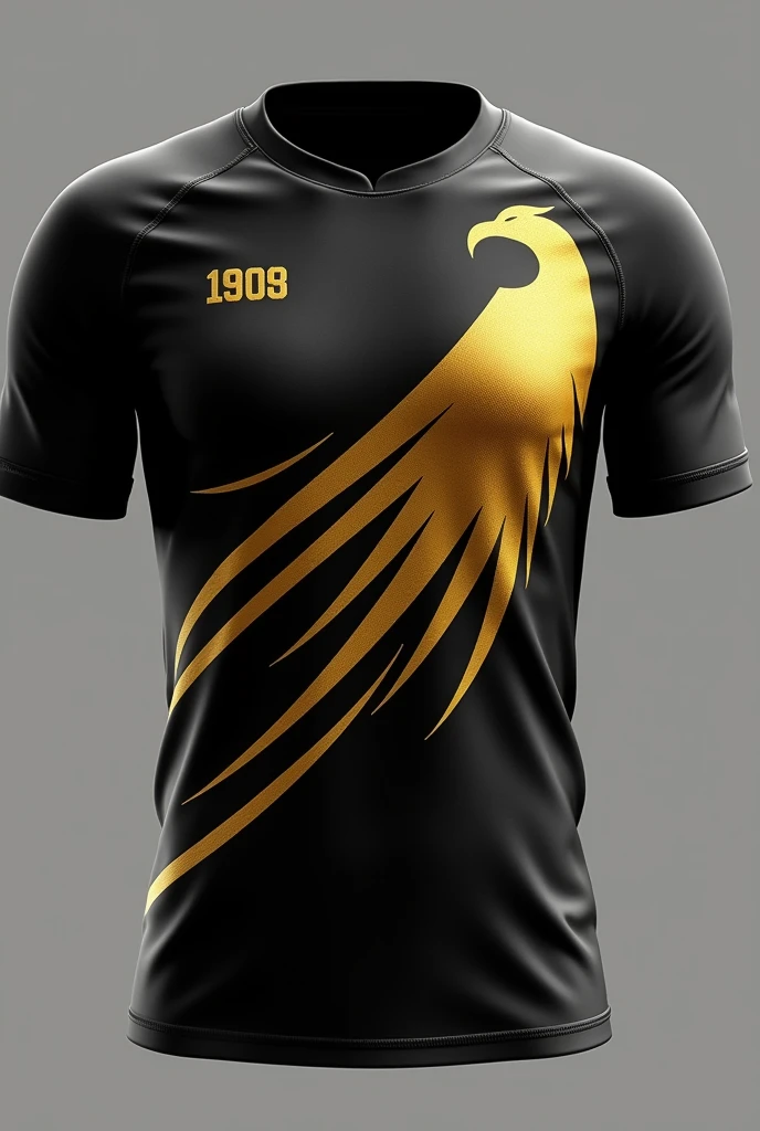Create a high school sports jersey with a minimalist golden phoenix design. The jersey is primarily black, with the golden phoenix rising diagonally from the bottom left corner toward the right shoulder. The phoenix's wings are outstretched, forming sharp, angular lines that extend across the chest, suggesting motion and power. The player's number is placed in large, bold gold font on the center of the chest, partially overlapping with the wings. The tail feathers of the phoenix flow elegantly down the side of the jersey, creating a dynamic visual effect. The design should feel sleek, modern, and symbolic of rebirth and strength.