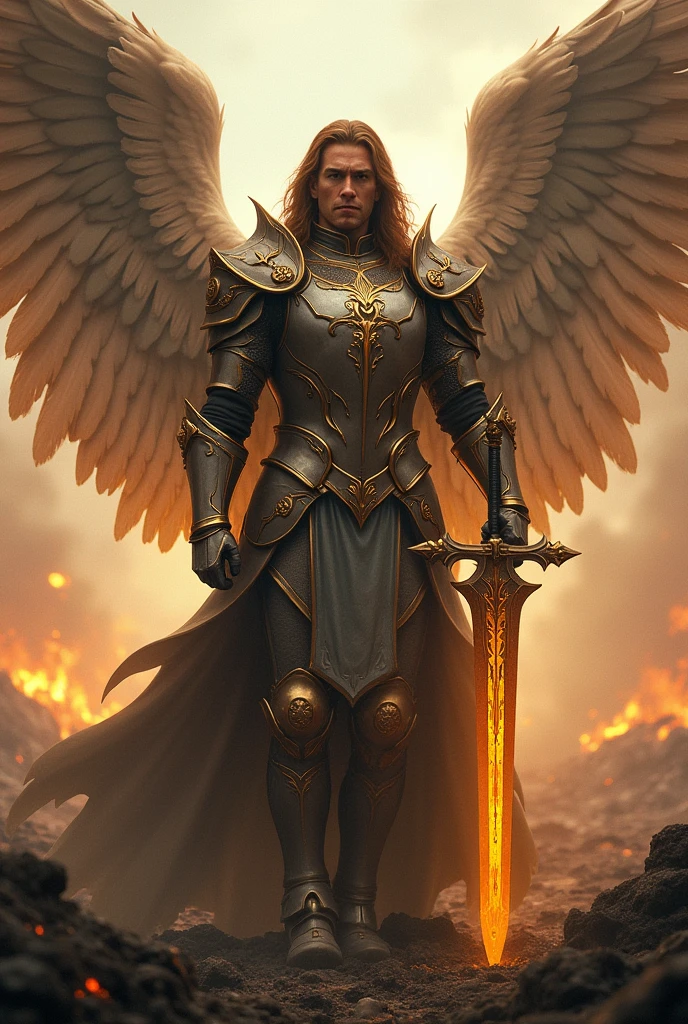 Ash battlefield scenery, hyper realistic, handsome male, Archangel, long brown hair, Detailed angelic knight armor, holding an intricate sword beaming gold energy, mighty, battle ready pose, fierce and confident expression, no facial hair, HD