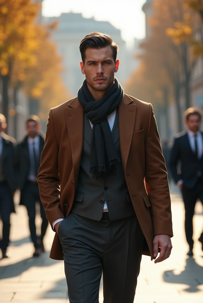 фото full length идущего по городу русского мужчины, Medium height, 35 years, black hair, Sports figure, broad shoulders, a neat stylish hairstyle, wide cheekbones, in a suit and scarf, in a worn-out brown suit, in a woolen suit, in a dark gray suit, formal suit, with a scarf around his neck, the scarf is tied in a knot around the neck, in a business suit, Grey trousers and black shoes, in a black and gray suit, in a business suit, in a business suit, warm autumn, Early autumn, Sunny weather, walking through the city, looks ahead, Stylish look, thoughtful look, full length, free pose, dynamic pose, solar lighting, daylight, black hair, blunt bangs, Serious, expressionless, atmospheric perspective, bokeh, f/1.8, 85mm, Nikon, depth of field, uhd, masterpiece, accurate, anatomically correct, textured skin, super detail, high details, high quality, highres, 4K