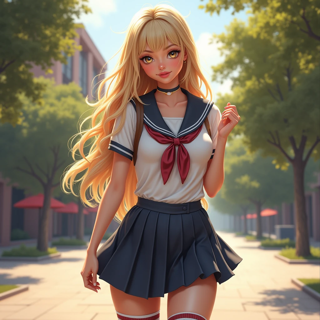 a blonde woman, cute schoolgirl outfit, thighhigh socks, high heels, (big boobies :1.2), back to school, at university, hourglass figure, beautiful detailed eyes, beautiful detailed lips, extremely detailed eyes and face, longeyelashes, detailed facial features, beautiful skin, dynamic pose, photorealistic, 8k, highly detailed, illustration, oil painting, digital painting, hyperrealistic, intricate details, vibrant colors, warm lighting, cinematic composition
