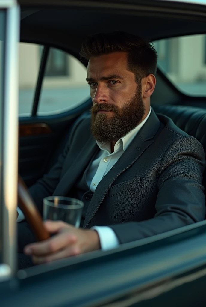 Rich young man with beard sitting in car with regretful expression