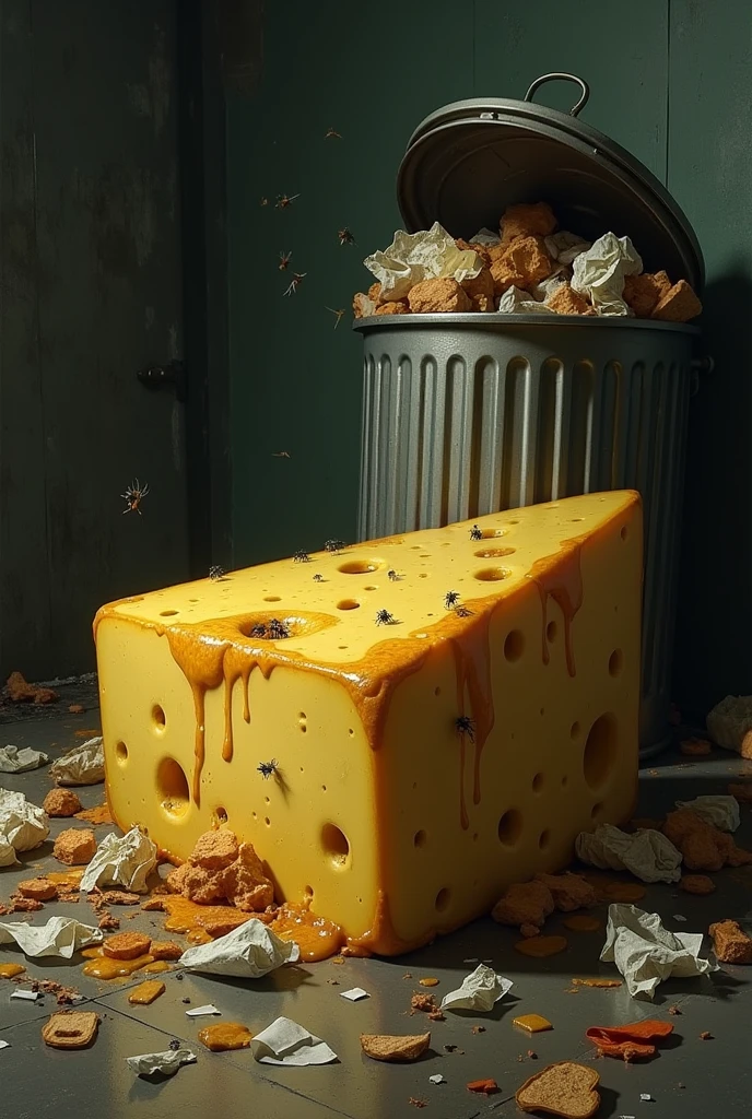 Create a picture of an big disgusting cheese laying near the trash can