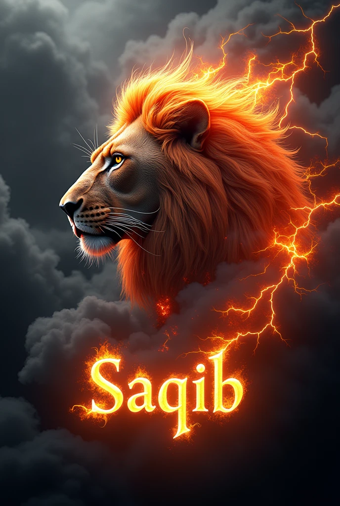 The name "Saqib" with fire, smoke, and lightning stars in different shades of Black and a Lion's head, typography, 3d rendering, photography, architecture, photo, fashion, vibrant, cinematic, 3d render, poster.