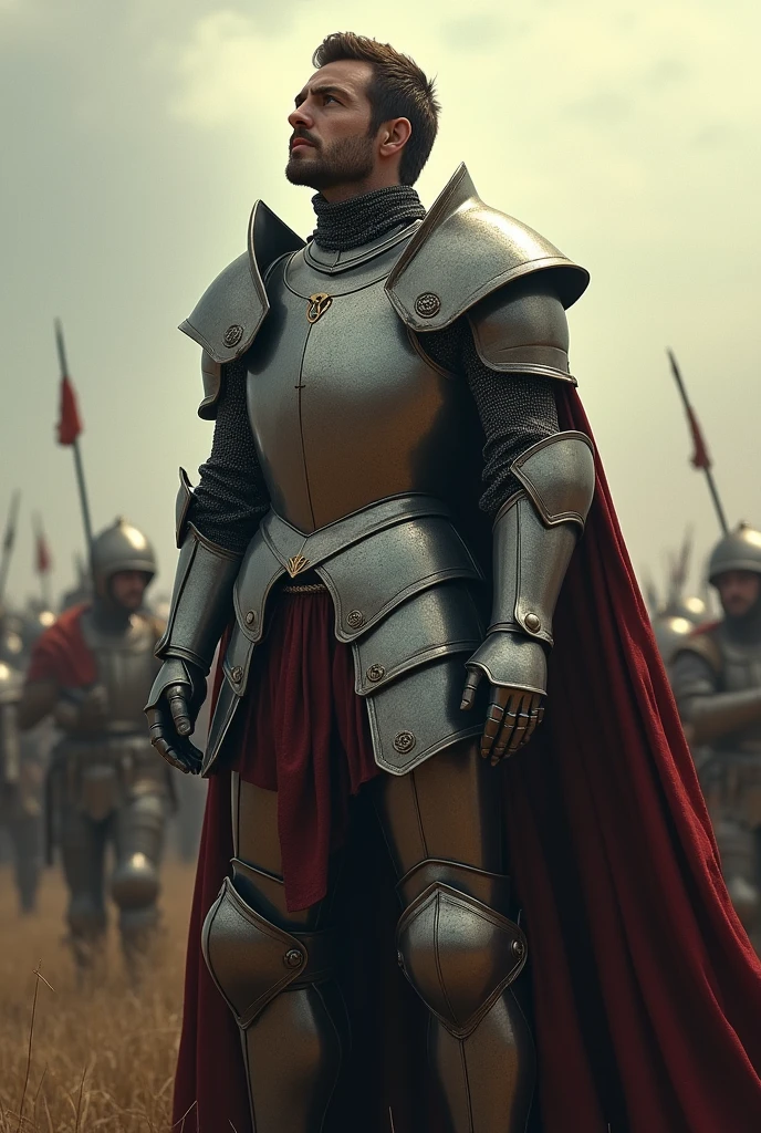 A tall knight stands in the middle of a battlefield and looks slightly upwards the rest is a bit blurry looking down on the battlefield