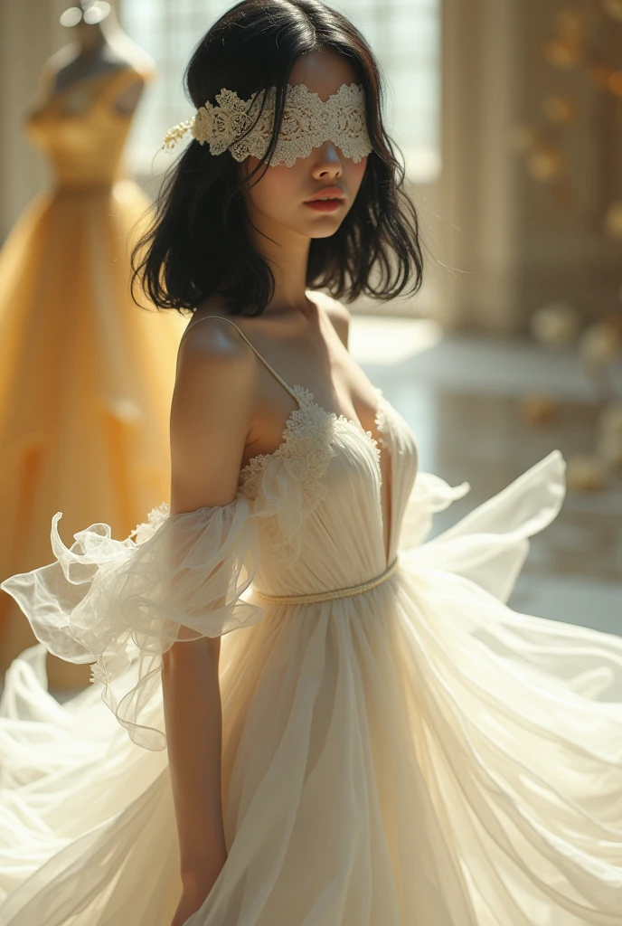 An goddess, with a white dress with a white blind fold, with medium black hair (small image) beautiful design golden dress (far away) 